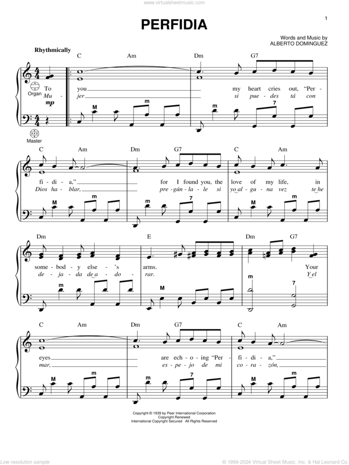 Perfidia sheet music for accordion by Alberto Dominguez and Gary Meisner, intermediate skill level