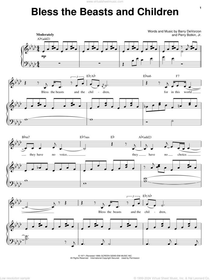 Bless The Beasts And Children sheet music for voice and piano by Carpenters, Barry DeVorzon and Perry Botkin, Jr., intermediate skill level