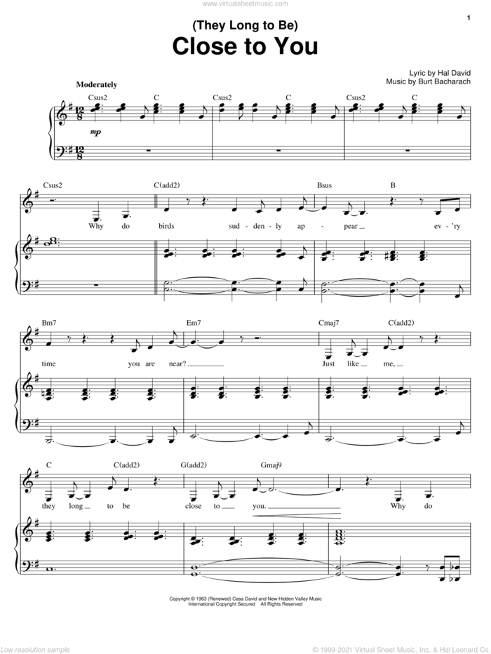 (They Long To Be) Close To You sheet music for voice and piano by Carpenters, Bacharach & David, Burt Bacharach and Hal David, wedding score, intermediate skill level