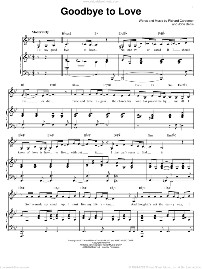 Goodbye To Love sheet music for voice and piano by Carpenters, John Bettis and Richard Carpenter, intermediate skill level