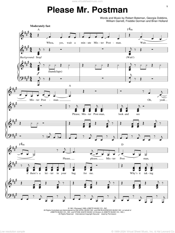 Please Mr. Postman sheet music for voice and piano by Carpenters, The Beatles, The Marvelettes, Brian Holland, Freddie Gorman, Georgia Dobbins, Robert Bateman and William Garrett, intermediate skill level