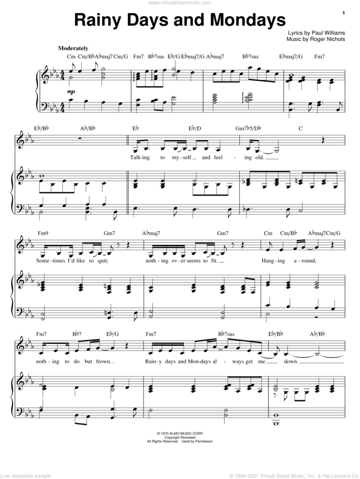 Rainy Days And Mondays sheet music for voice and piano by Carpenters, Paul Williams and Roger Nichols, intermediate skill level