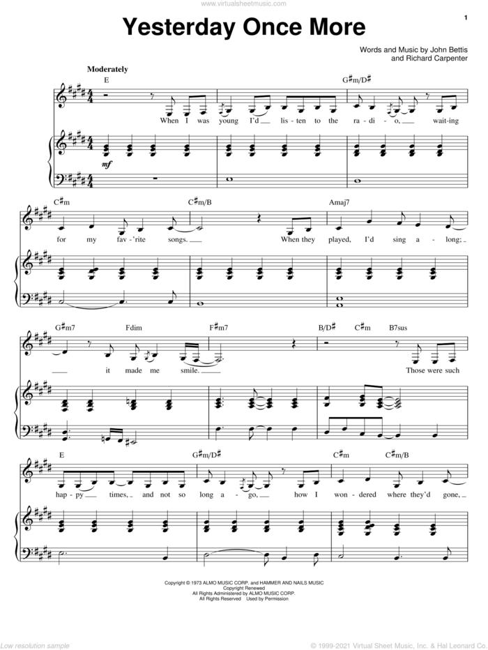 Yesterday Once More sheet music for voice and piano by Carpenters, John Bettis and Richard Carpenter, intermediate skill level