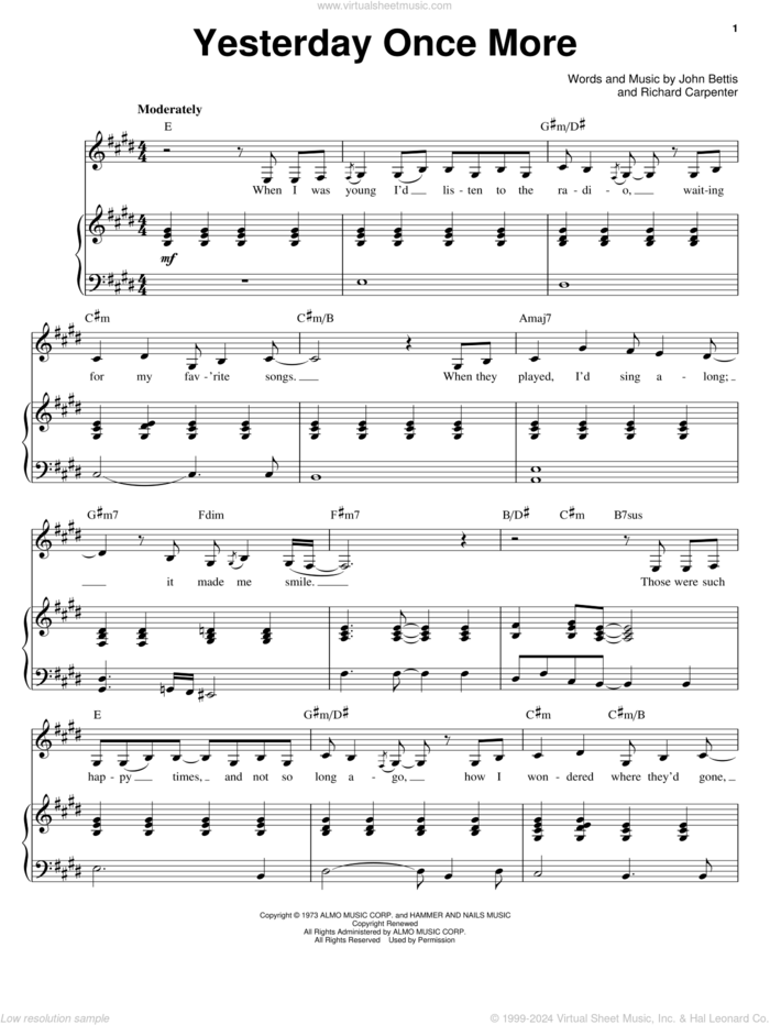 Yesterday Once More sheet music for voice and piano by Carpenters, John Bettis and Richard Carpenter, intermediate skill level