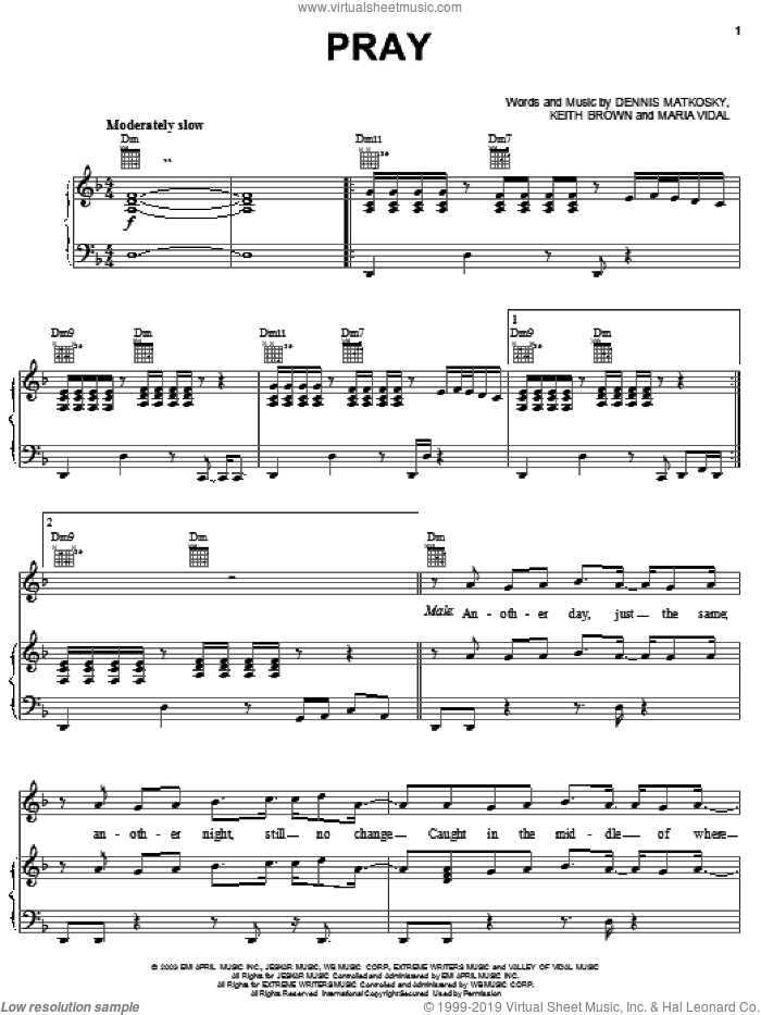 Pray sheet music for voice, piano or guitar by Avalon, Dennis Matkosky, Keith Brown and Maria Vidal, intermediate skill level