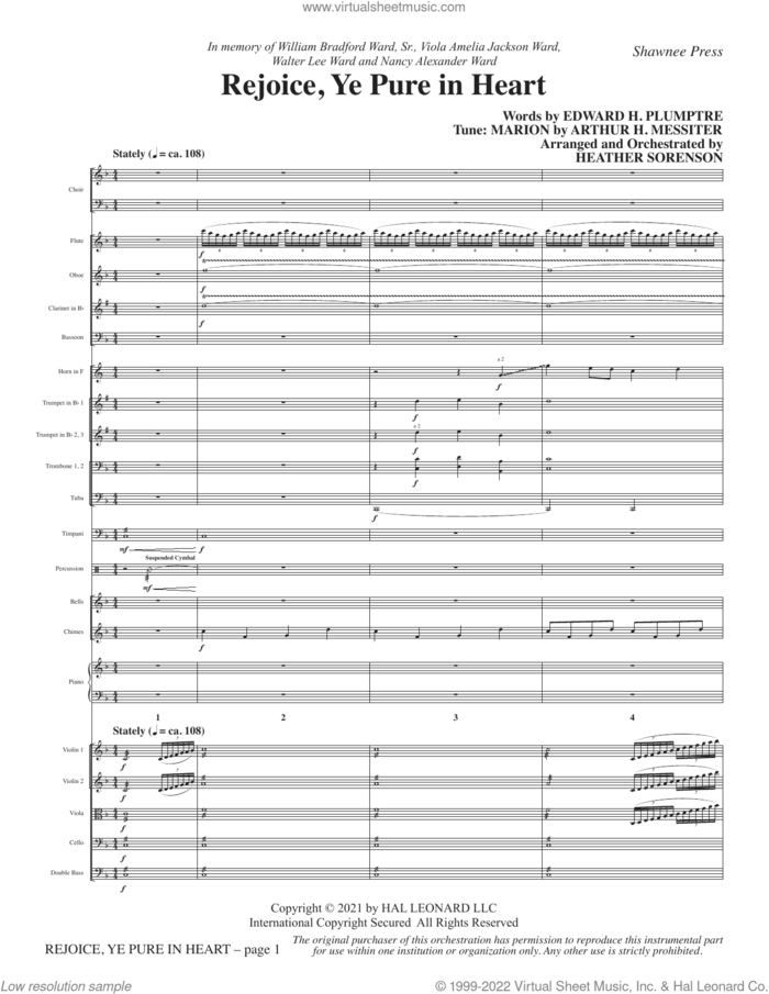 Rejoice, Ye Pure In Heart (arr. Heather Sorenson) (COMPLETE) sheet music for orchestra/band by Heather Sorenson, Arthur H. Messiter, Edward H. Plumptre and Tune: MARION, intermediate skill level