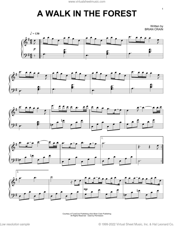 A Walk In The Forest sheet music for piano solo by Brian Crain, intermediate skill level