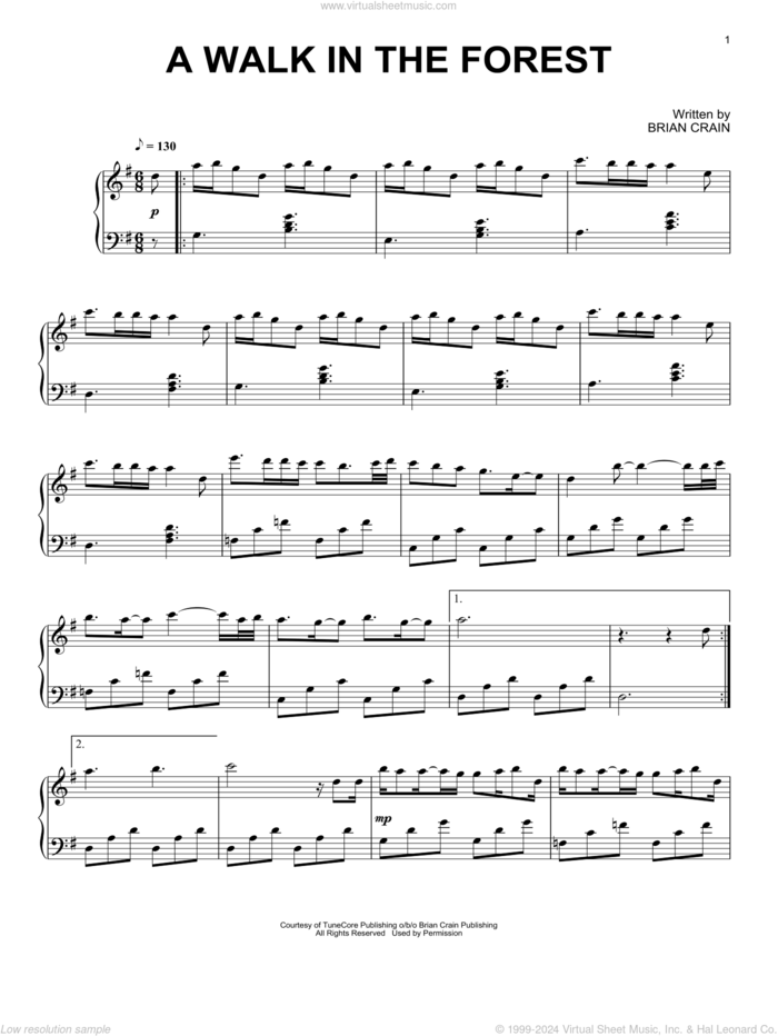 A Walk In The Forest sheet music for piano solo by Brian Crain, intermediate skill level