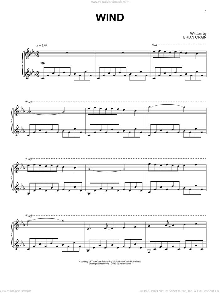 Wind sheet music for piano solo by Brian Crain, intermediate skill level