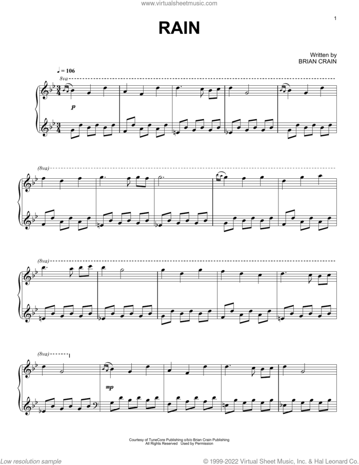 Rain sheet music for piano solo by Brian Crain, intermediate skill level