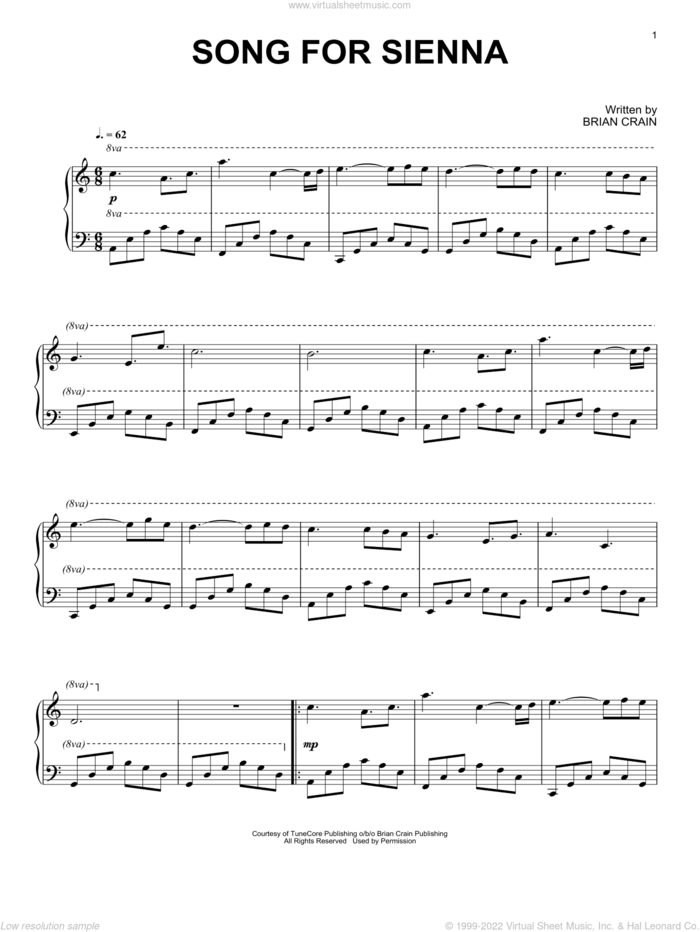 Song For Sienna sheet music for piano solo by Brian Crain, intermediate skill level