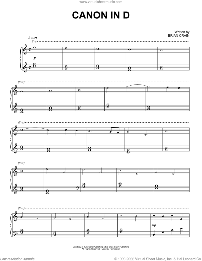 Canon In D sheet music for piano solo by Brian Crain, intermediate skill level