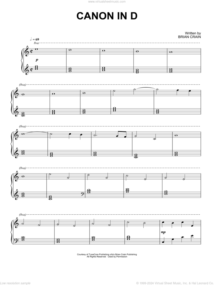 Canon In D sheet music for piano solo by Brian Crain, intermediate skill level