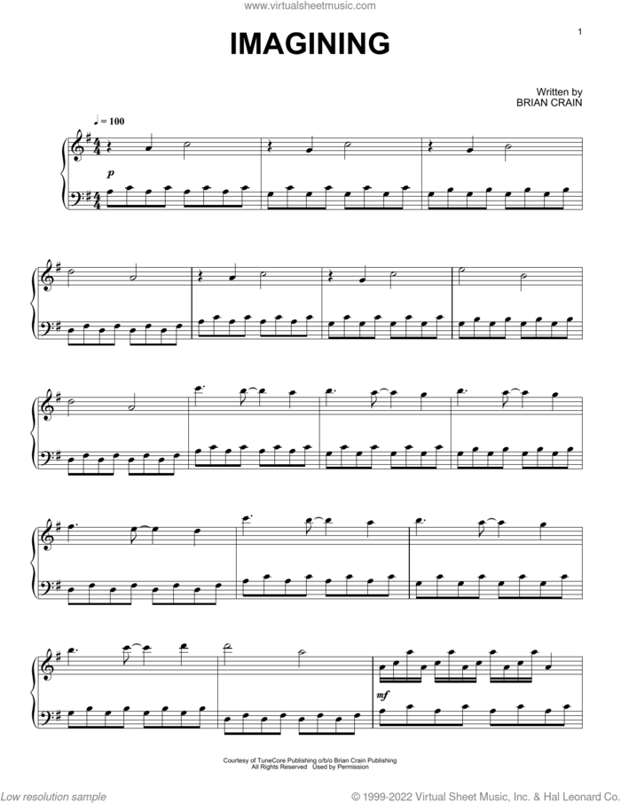 Imagining sheet music for piano solo by Brian Crain, intermediate skill level