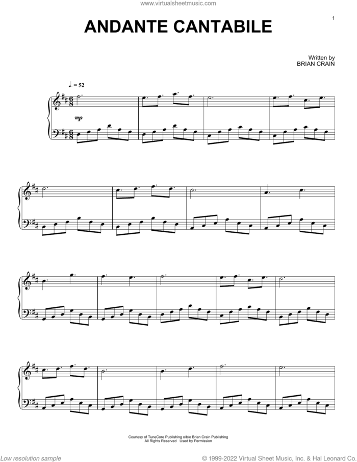 Andante Cantabile sheet music for piano solo by Brian Crain, intermediate skill level