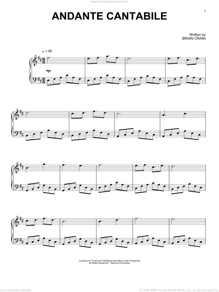 Andante Cantabile sheet music for piano solo by Brian Crain, intermediate skill level