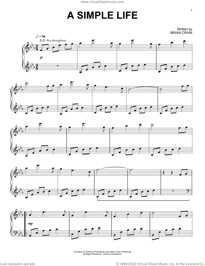A Simple Life sheet music for piano solo by Brian Crain, intermediate skill level