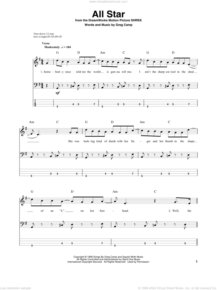 All Star sheet music for bass (tablature) (bass guitar) by Smash Mouth and Greg Camp, intermediate skill level