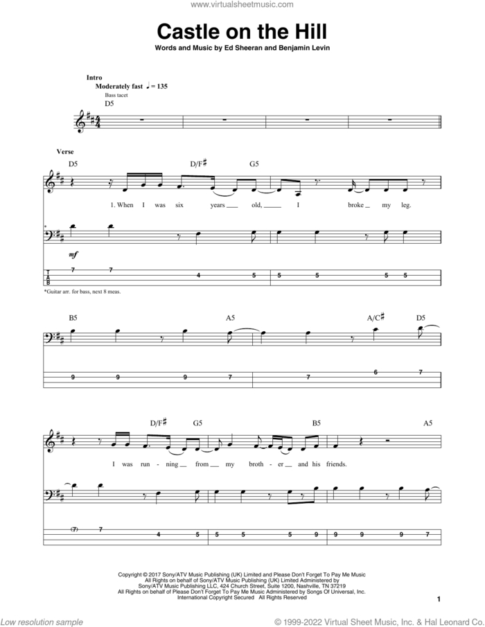 Castle On The Hill sheet music for bass (tablature) (bass guitar) by Ed Sheeran and Benjamin Levin, intermediate skill level