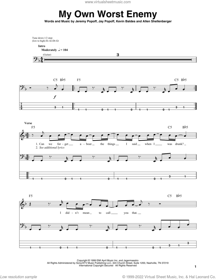My Own Worst Enemy sheet music for bass (tablature) (bass guitar) by Lit, Allen Shellenberger, Jay Popoff, Jeremy Popoff and Kevin Baldes, intermediate skill level