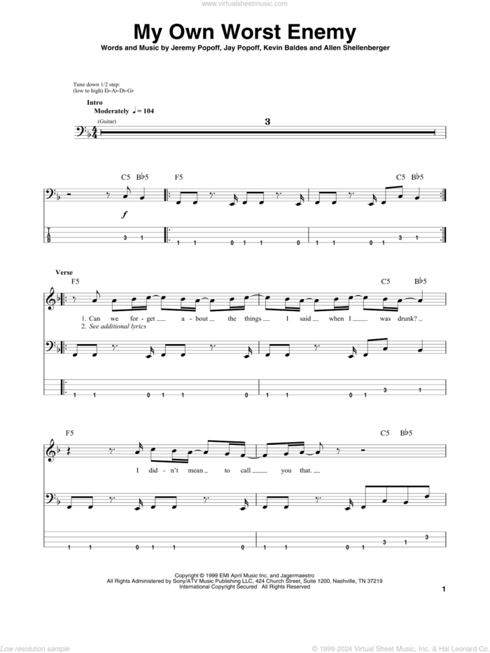 My Own Worst Enemy sheet music for bass (tablature) (bass guitar) by Lit, Allen Shellenberger, Jay Popoff, Jeremy Popoff and Kevin Baldes, intermediate skill level