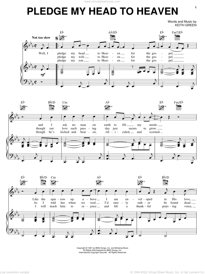 Pledge My Head To Heaven sheet music for voice, piano or guitar by Keith Green, intermediate skill level