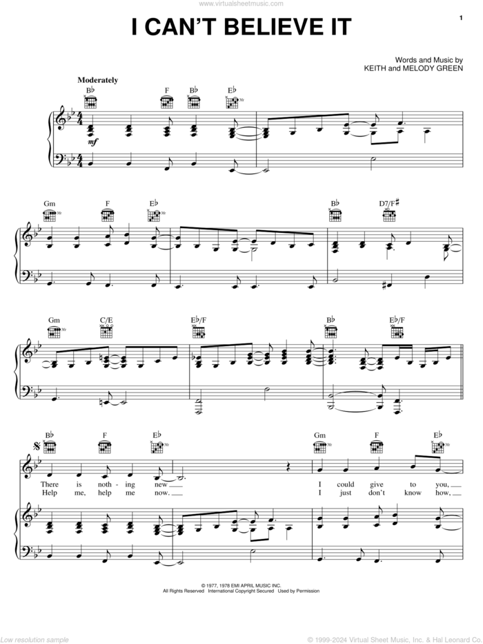 I Can't Believe It sheet music for voice, piano or guitar by Keith Green and Melody Green, intermediate skill level