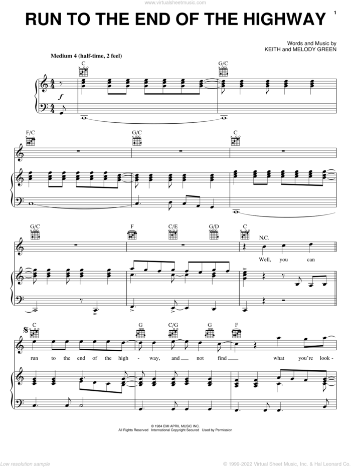 Run To The End Of The Highway sheet music for voice, piano or guitar by Keith Green and Melody Green, intermediate skill level