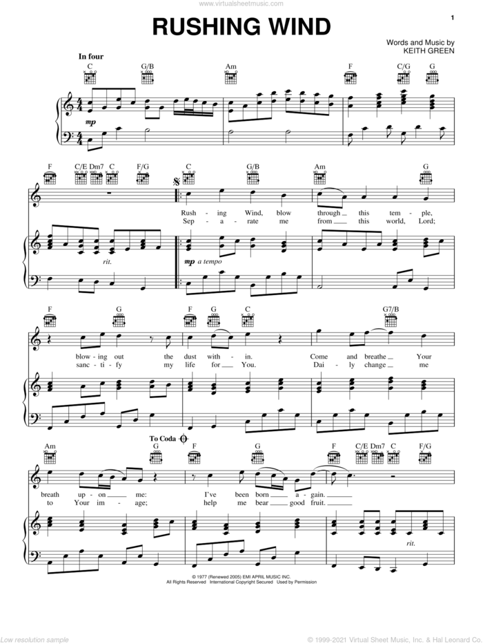Rushing Wind sheet music for voice, piano or guitar by Keith Green, intermediate skill level