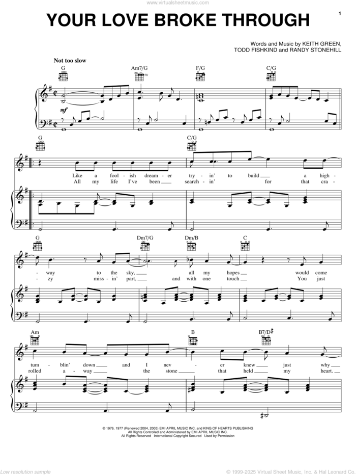 Your Love Broke Through sheet music for voice, piano or guitar by Keith Green, Randy Stonehill and Todd Fishkind, wedding score, intermediate skill level