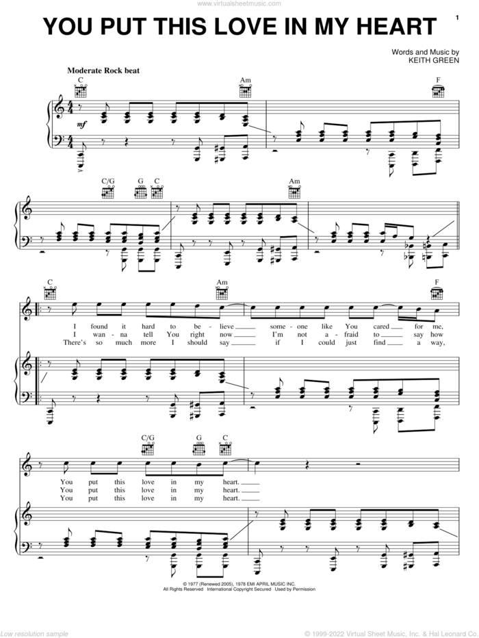 You Put This Love In My Heart sheet music for voice, piano or guitar by Keith Green, intermediate skill level