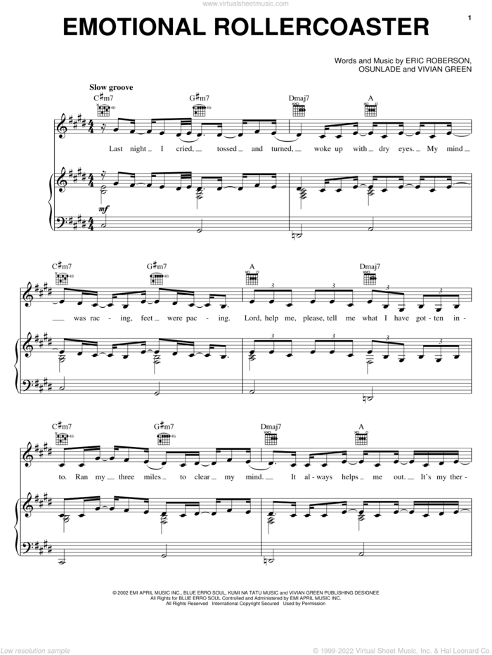 Emotional Rollercoaster sheet music for voice, piano or guitar by Vivian Green, Eric Roberson and Osunlade, intermediate skill level