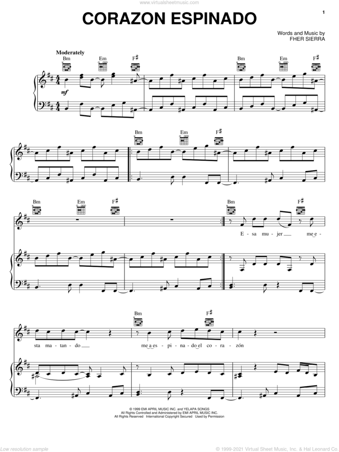 Corazon Espinado sheet music for voice, piano or guitar by Carlos Santana, ManA�A�, Mana and Fher Sierra, intermediate skill level