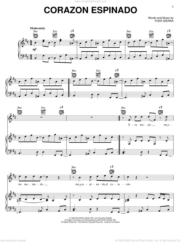 Corazon Espinado sheet music for voice, piano or guitar by Carlos Santana, ManAA, Mana and Fher Sierra, intermediate skill level