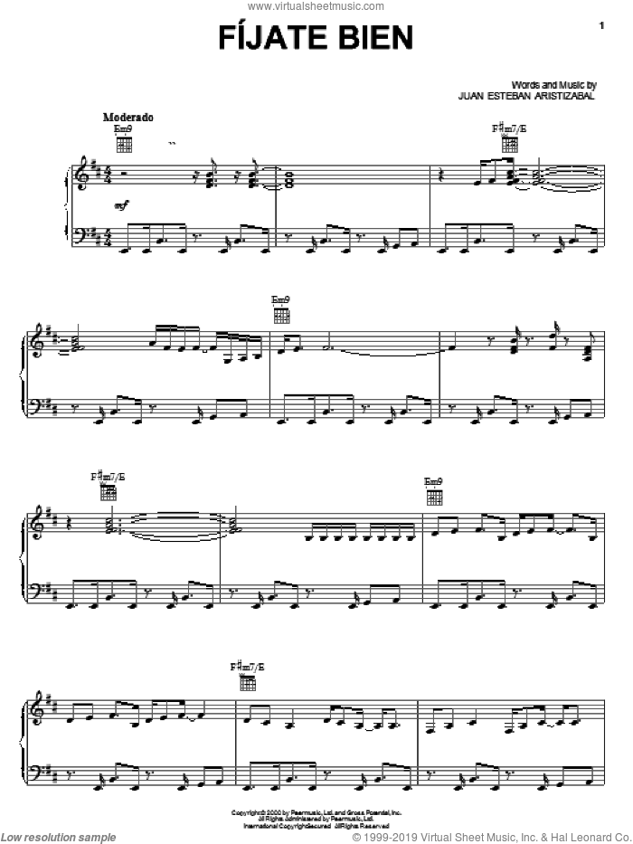 Fijate Bien sheet music for voice, piano or guitar by Juanes and Juan Esteban Aristizabal, intermediate skill level