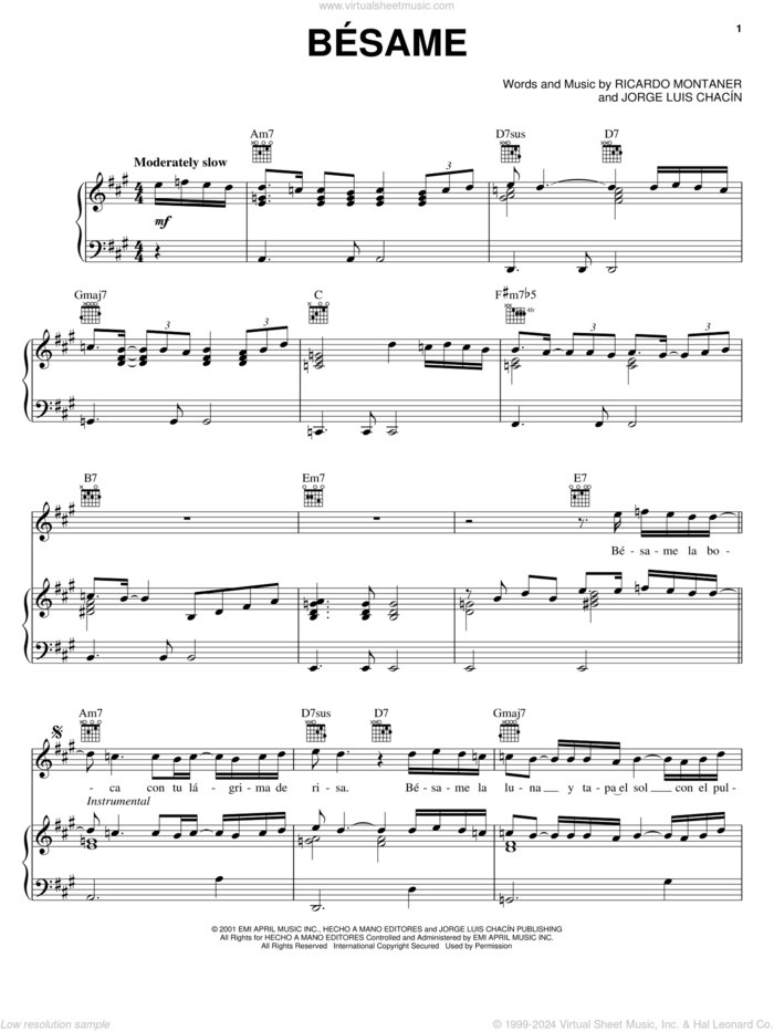 Besame sheet music for voice, piano or guitar by Ricardo Montaner and Jorge Luis Chacin, intermediate skill level