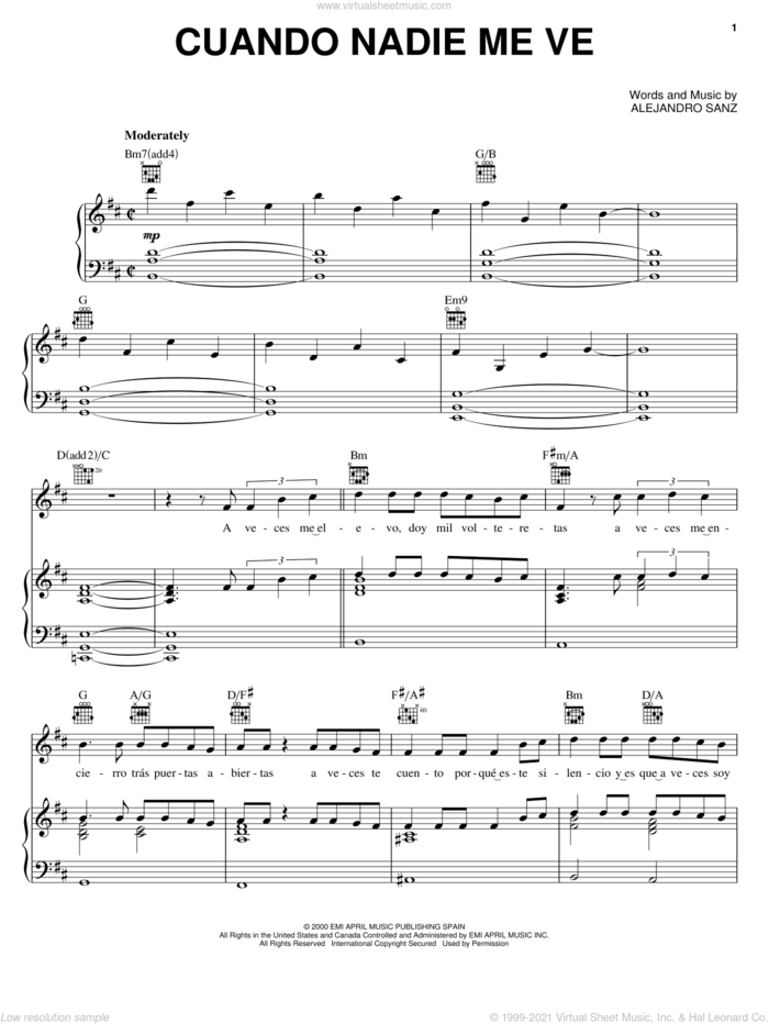 Cuando Nadie Me Ve sheet music for voice, piano or guitar by Alejandro Sanz, intermediate skill level