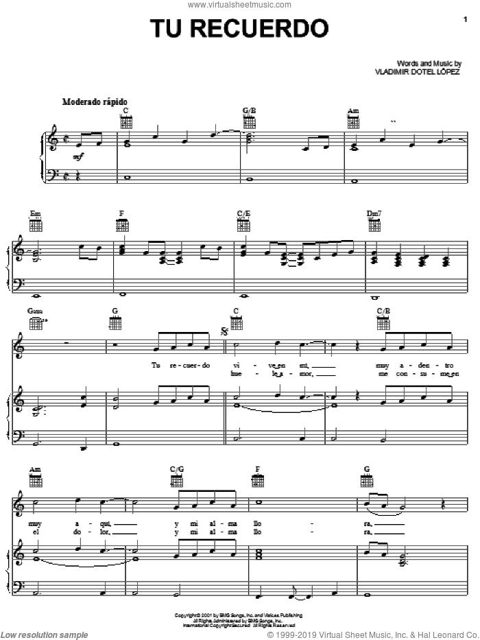 Tu Recuerdo sheet music for voice, piano or guitar by Vladimir Dotel Lopez, intermediate skill level