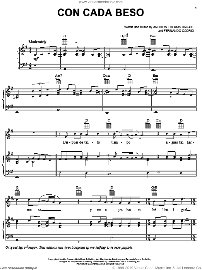Con Cada Beso sheet music for voice, piano or guitar by Andrew Thomas Knight and Fernando Osorio, intermediate skill level