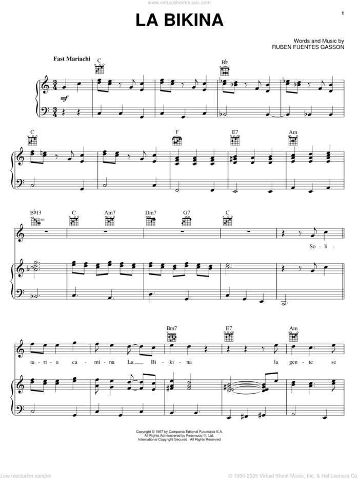 La Bikina sheet music for voice, piano or guitar by Ruben Fuentes Gasson, intermediate skill level