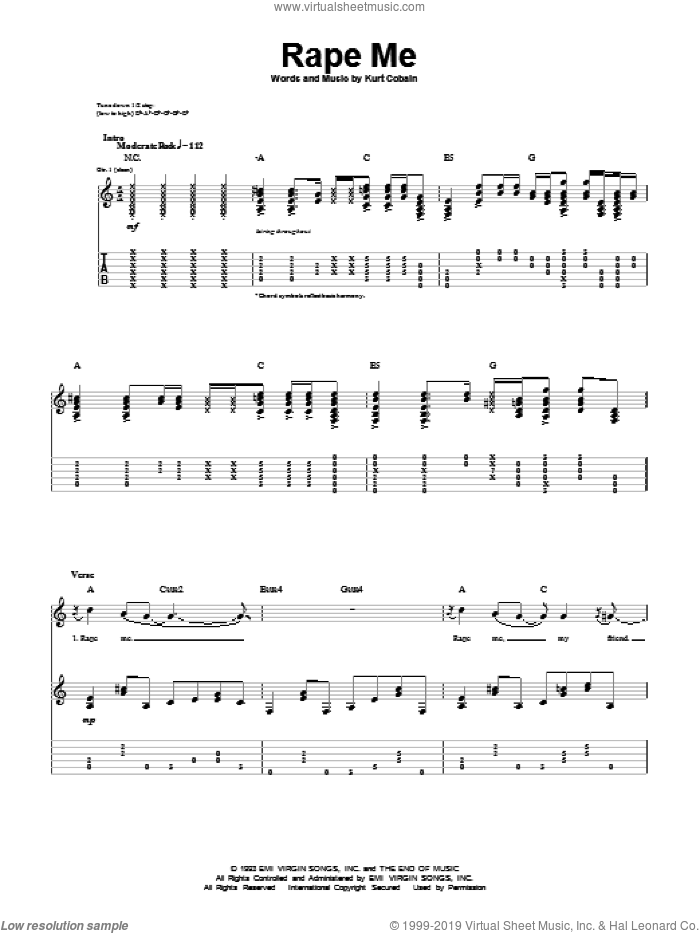 Rape Me sheet music for guitar (tablature) by Nirvana and Kurt Cobain, intermediate skill level