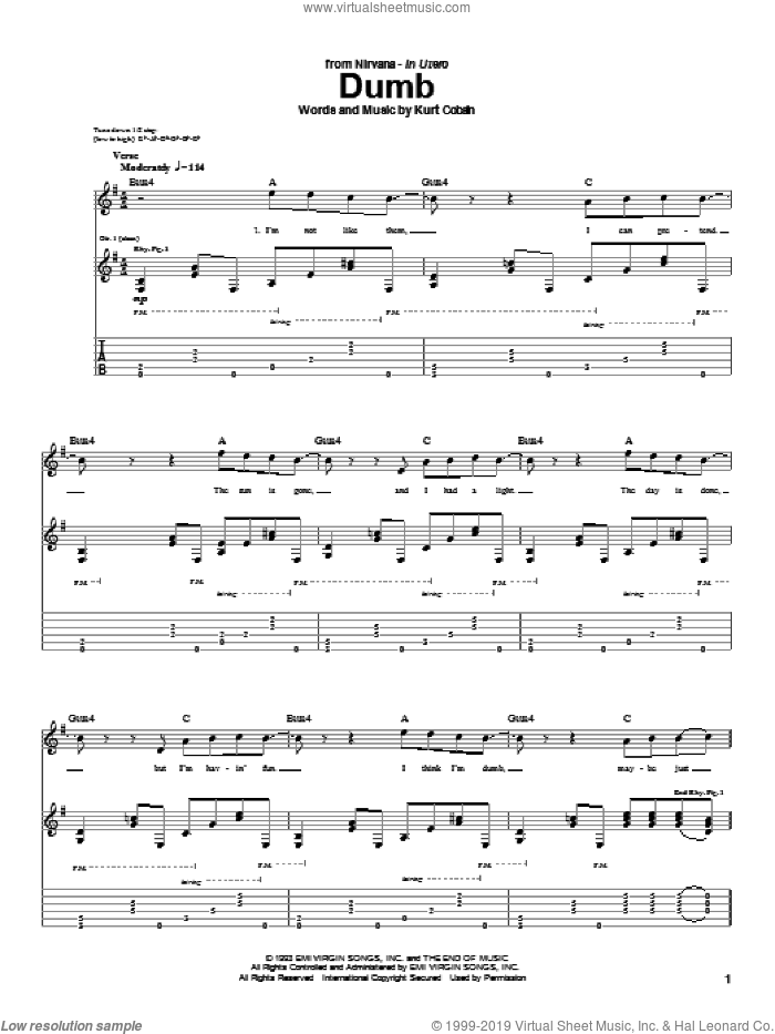 Dumb sheet music for guitar (tablature) by Nirvana and Kurt Cobain, intermediate skill level