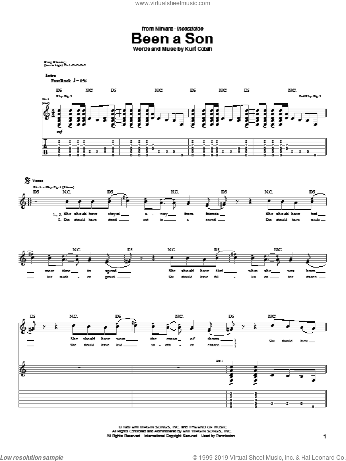 Been A Son sheet music for guitar (tablature) by Nirvana and Kurt Cobain, intermediate skill level