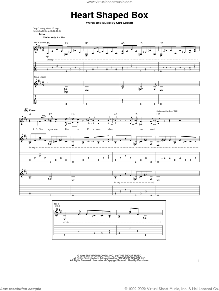 Heart Shaped Box sheet music for guitar (tablature) by Nirvana, Guitar Hero and Kurt Cobain, intermediate skill level