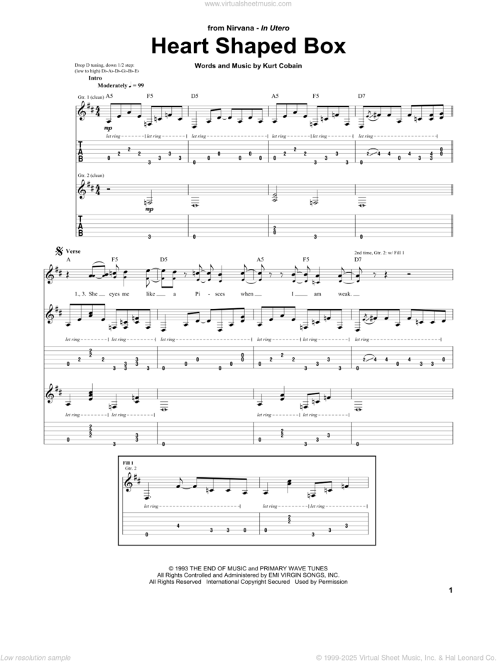 Heart Shaped Box sheet music for guitar (tablature) by Nirvana, Guitar Hero and Kurt Cobain, intermediate skill level