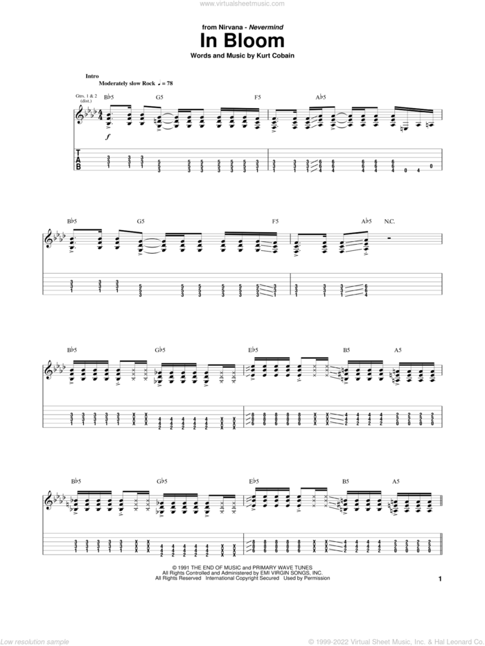 In Bloom sheet music for guitar (tablature) by Nirvana and Kurt Cobain, intermediate skill level