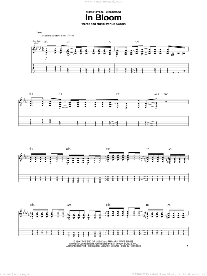 In Bloom sheet music for guitar (tablature) by Nirvana and Kurt Cobain, intermediate skill level