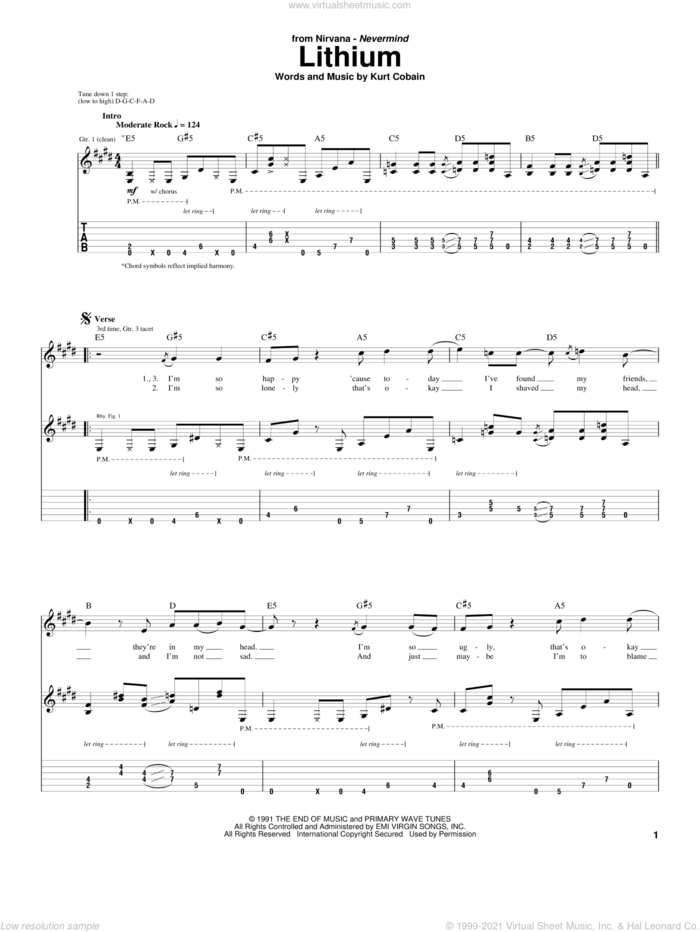 Lithium sheet music for guitar (tablature) by Nirvana and Kurt Cobain, intermediate skill level