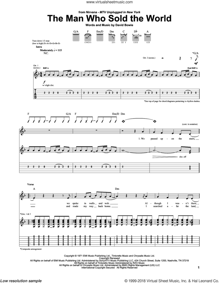 The Man Who Sold The World sheet music for guitar (tablature) by Nirvana and David Bowie, intermediate skill level
