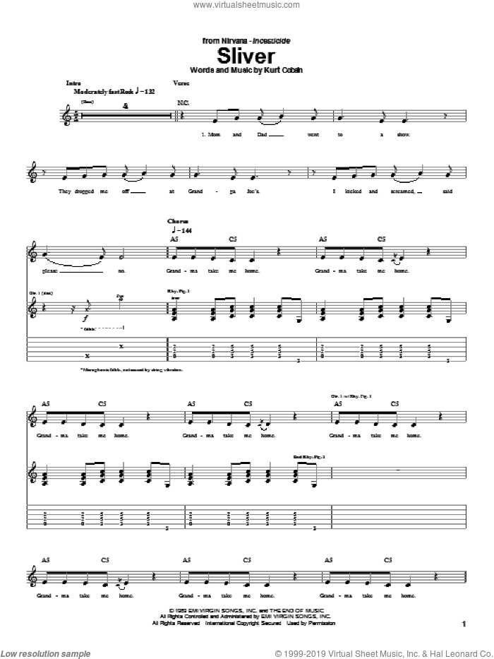 Sliver sheet music for guitar (tablature) by Nirvana and Kurt Cobain, intermediate skill level